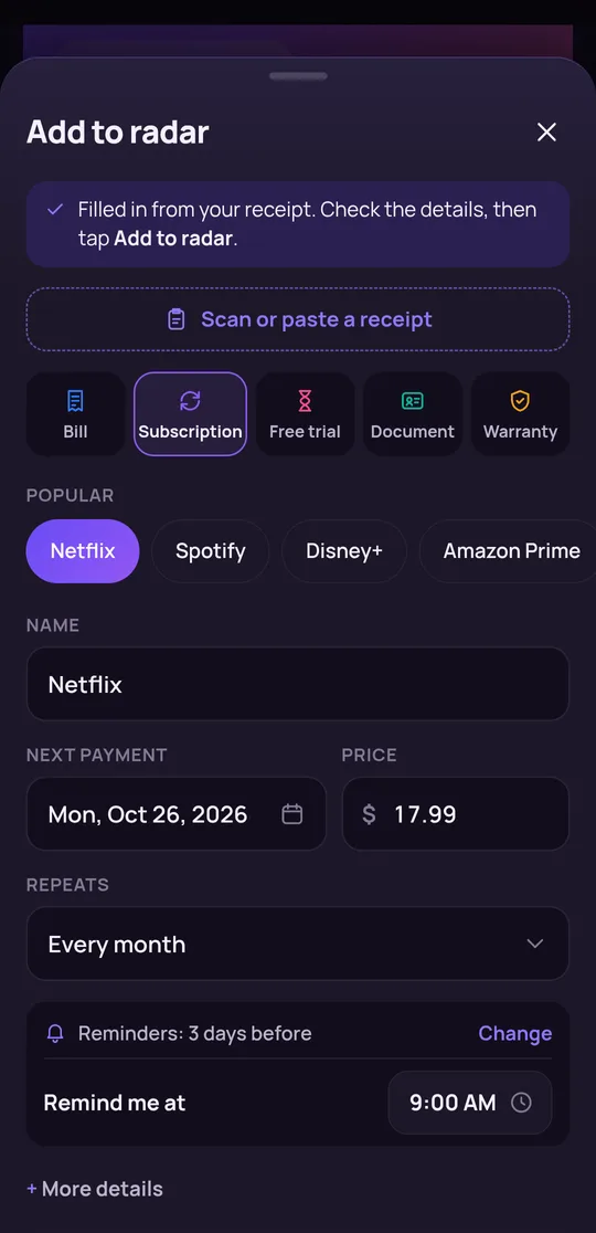A shared receipt filling in the add form automatically
